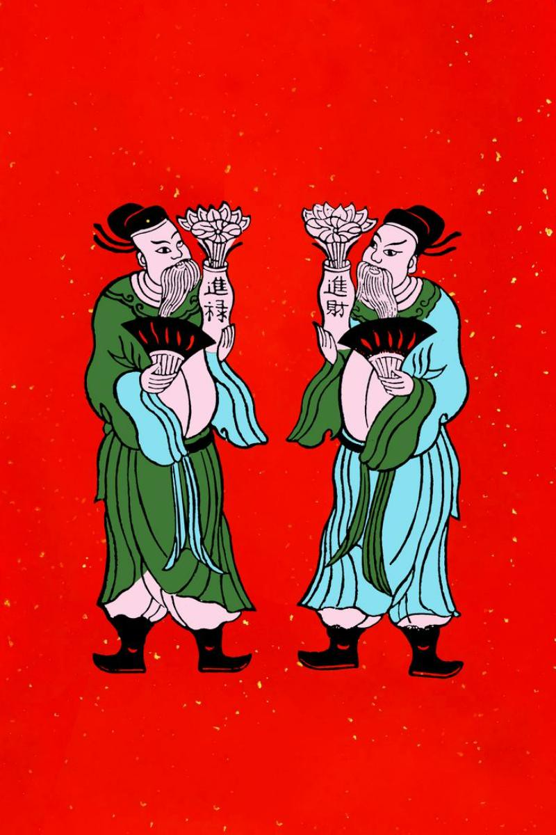 Tranh Kim Hoàng với hình ảnh Thần Tài - Phúc Lộc, thể hiện mong muốn về sự giàu sang, thịnh vượng trong năm mới